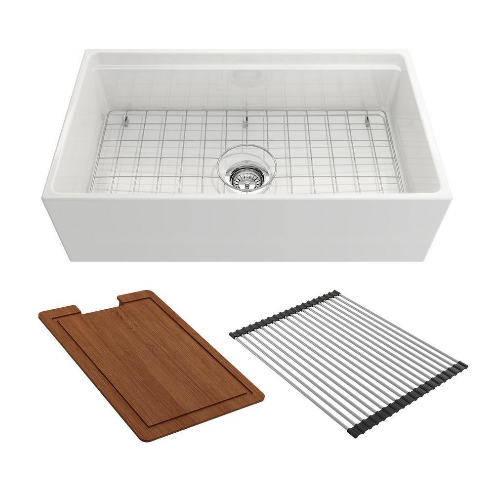 TerraLife Dover 33 in. Farmhouse Apron Front White Fireclay Single Bowl ...