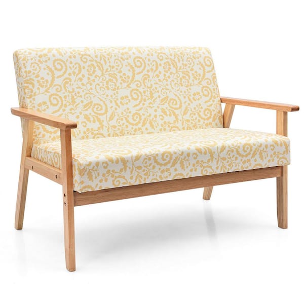 Gymax 43 in. W Modern Fabric Loveseat Sofa Couch Upholstered 2-Seat Wood Armchair Yellow Floral