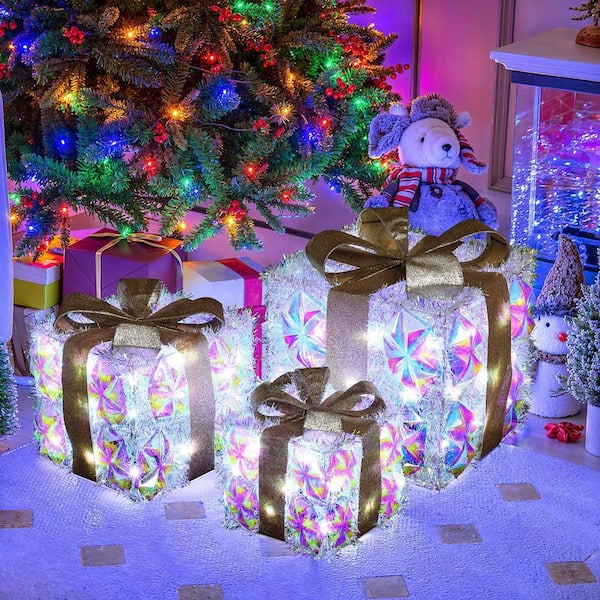 LuxenHome 11 in. 3-Piece Silver Prism Gift Boxes with Gold Ribbon