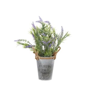 14 in. H English Lavender Artificial Plant with Realistic Leaves and Gray Metal Pot