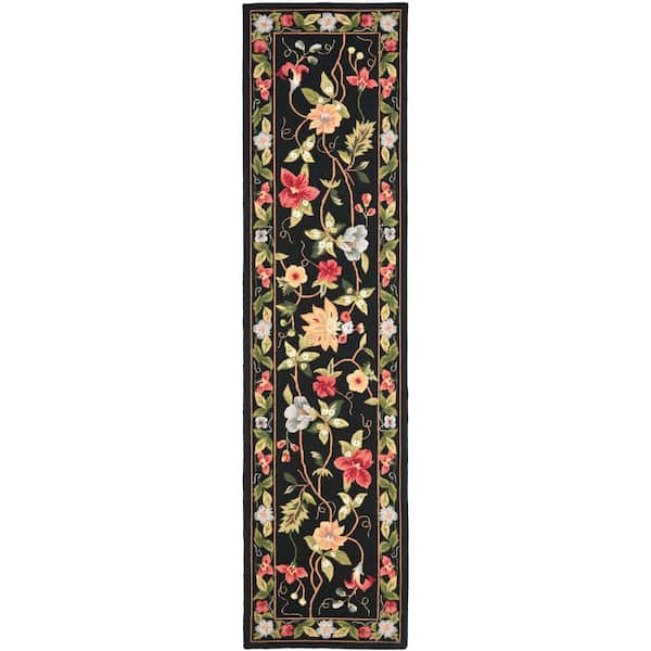 Chelsea Black 3 ft. x 8 ft. Gradient Border Floral Runner Rug