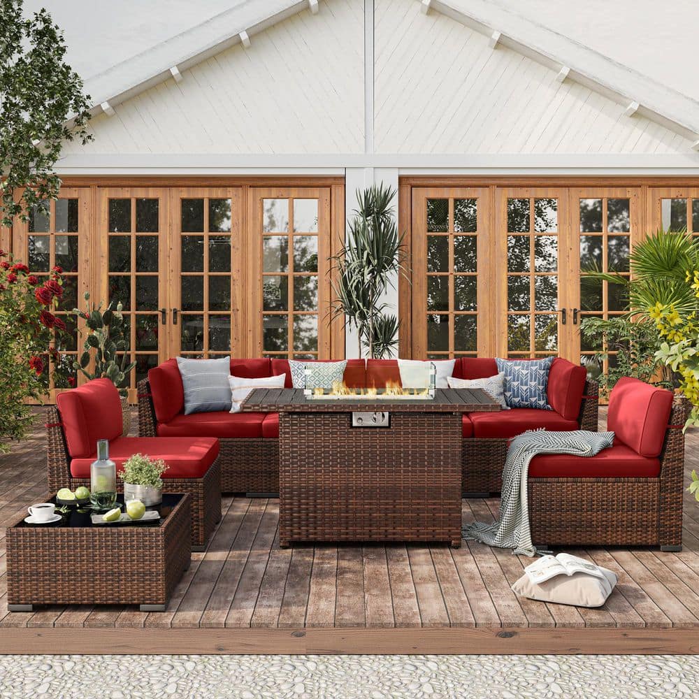 ELPOSUN 8-Piece Brown Rattan Wicker Outdoor Patio Set with Dark