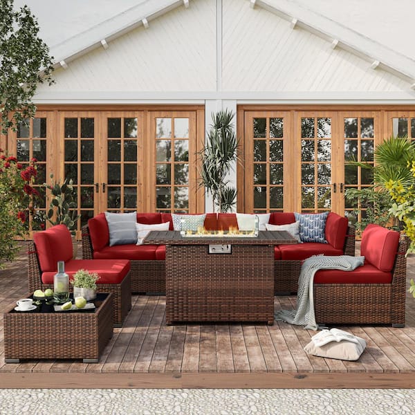 ELPOSUN 8-Piece Brown Rattan Wicker Outdoor Patio Set with Dark Red Cushions, Fire Pit Table, and Furniture Cover