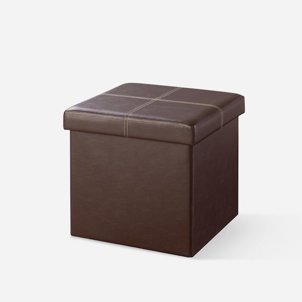 best price mattress 15 in. Brown Faux Leather Collapsible Storage Ottoman, Foam Top Seat, Line Design
