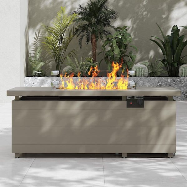Greige 51 in. 50000 BTU Rectangular Metal Propane Outdoor Fire Pit Table with Glass Wind Guard Lid Fire Glass Beads