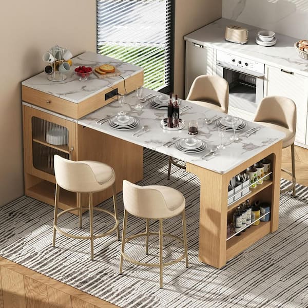 Modern Natural Wood 59.5 in. Power Outlet Double-Sided Kitchen Island Extendable Dining Table with 2-Drawer and 1-Door