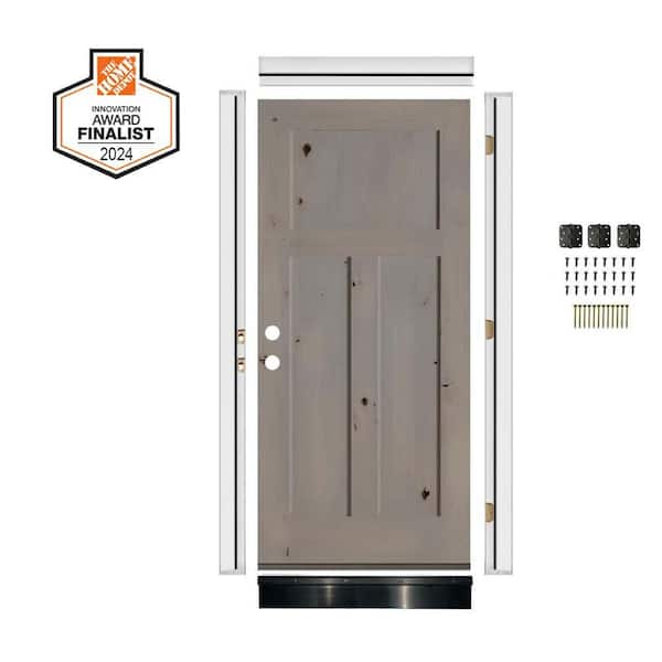 DIY RTA Kit 32 in. x 80 in. Rustic Knotty Alder 3-Panel Right-Hand/Inswing Grey Stain Wood Ready To Assemble Front Door