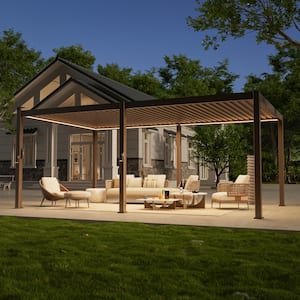 12 ft. x 20 ft. Modern Steel Pergola with Adjustable Louvers, LED Lights, and Solar Charging, Brown