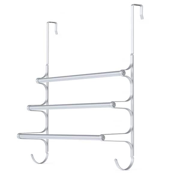 24.2 in. L 3-Bar Over The Door Towel Rack in Silver Gray, Triple Towel Storage Holder with Hooks for Bathroom