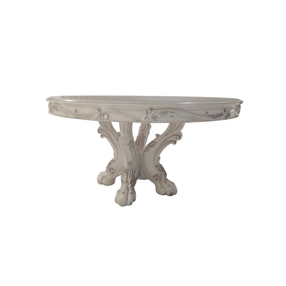 Bone White Round Wood and Glass Dining Table with Pedestal Base