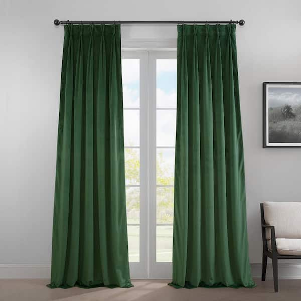 Exclusive Fabrics & Furnishings Eden Green Pleated Curtains Heritage Plush Velvet 25 in. W x 96 in. L Velvet Room Darkening Curtain (Single Panel)