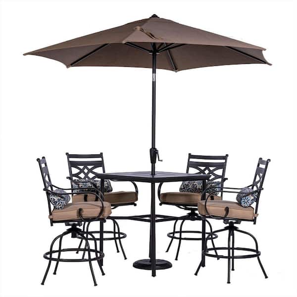 Hanover Montclair 5-Piece Steel Outdoor Dining Set with Tan Cushions, 4 Swivel Chairs, 33 in. Counter Height Table and Umbrella