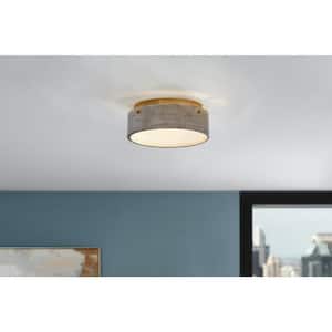 Huntmoor 14 in. 2-Light Old Satin Brass Flush Mount with Grey Wood Metal and Etched White Diffuser