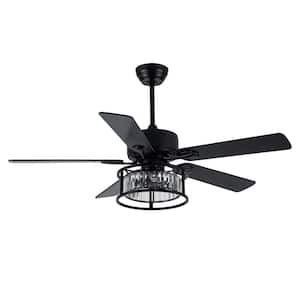 52 in. Indoor Matt Black Crystal Reversible Ceiling Fan with Light and Remote
