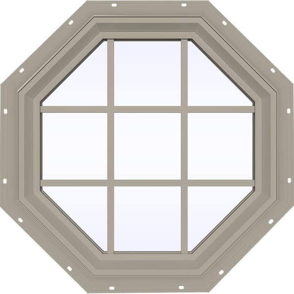 JELD-WEN 35.5 in. x 35.5 in. V-2500 Series Desert Sand Vinyl Fixed Octagon Geometric Window with Colonial Grids/Grilles