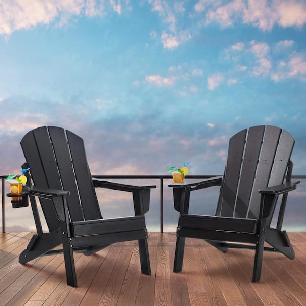Adirondack Chair Plastic, Set of 2 Folding Fire Pit Chairs for All Weather, Outdoor Patio Chair with Cup Holder