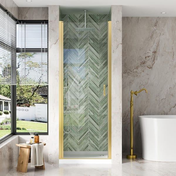 30 in. W x 72 in. H Pivot Semi-Frameless Shower Door in Brushed Gold Finish with Clear Glass