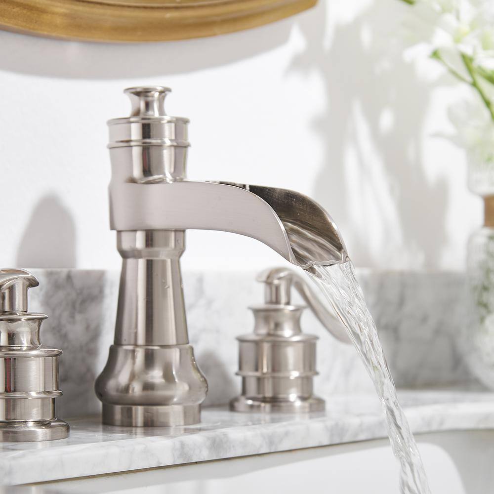 Brushed Nickel Widespread Waterfall Bathroom Faucet with Lever Handles