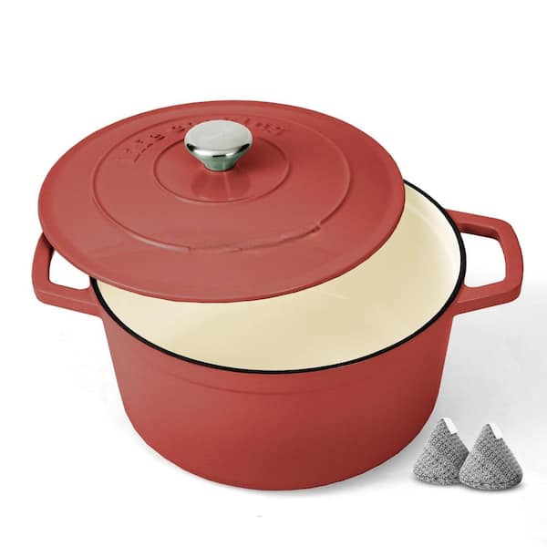 6 qt. Cast Iron Dutch Oven in Red with Lid, Dual Handles, Oven Safe up to 500° F or on Stovetop, Gifts for Family