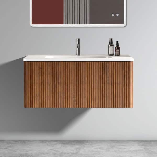 36 in. Single Sink Floating Walnut Bath Vanity with White Ceramic Top (Assembled), Curved Edges, Striped Texture