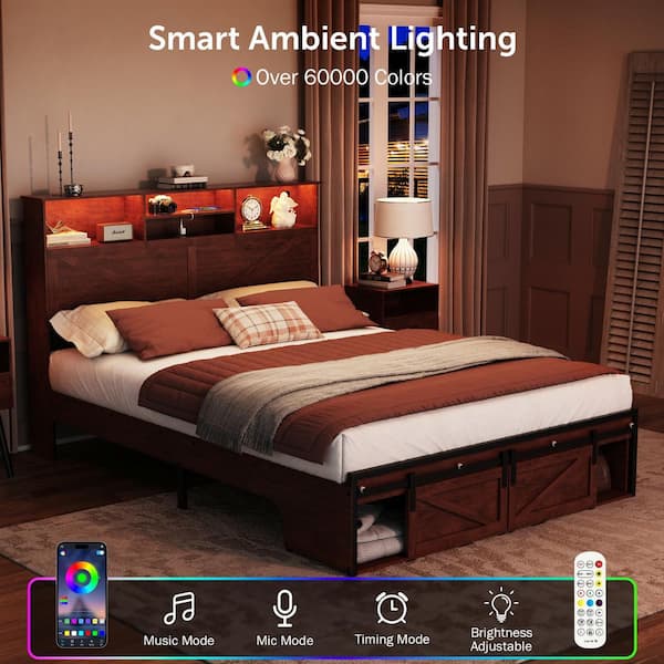 Brown Steel Frame Queen Panel Bed with Storage Shelves, Panel Platform Bed with Charging Station, Footboard Drawer