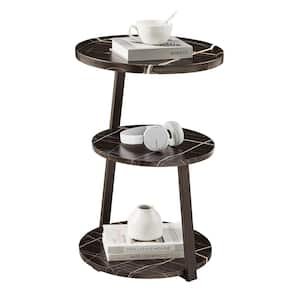 Skylar 15.75 in. MDF 3-Tier Side Table with Raised Lip and Modern Metal Asymmetric Pedestal Legs - Black Marble/Black