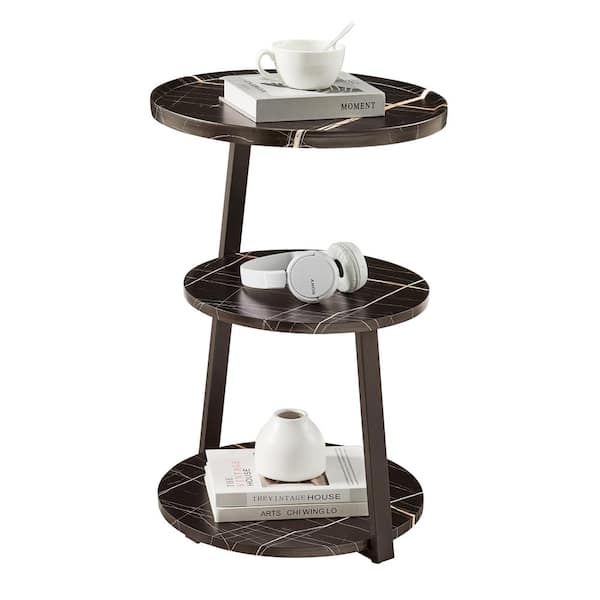 DANYA B Skylar 15.75 in. MDF 3-Tier Side Table with Raised Lip and Modern Metal Asymmetric Pedestal Legs - Black Marble/Black