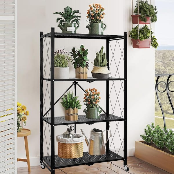 Unbranded 4-Tier Foldable Metal Storage Rack with 3 Hooks, Black Shelving Unit