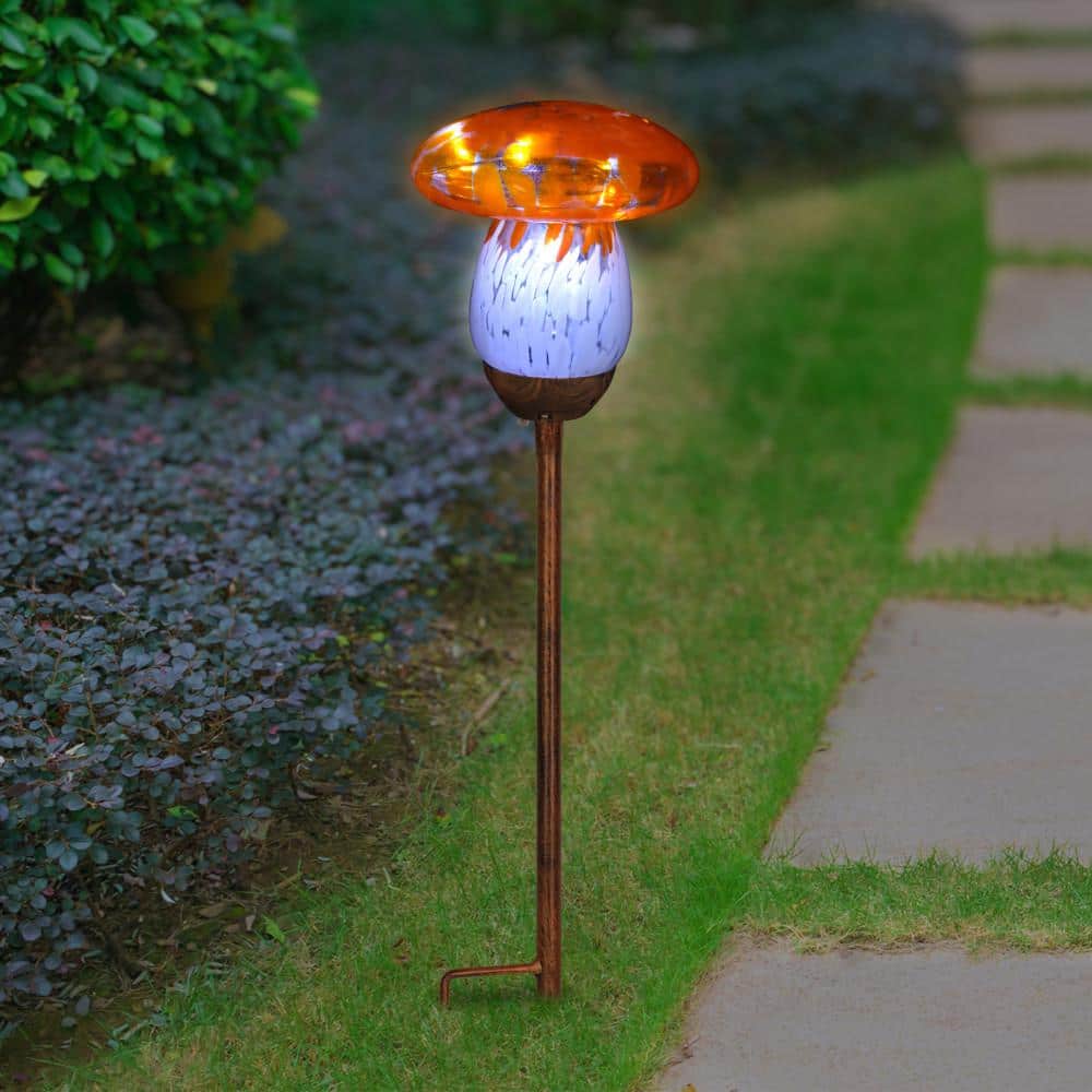Solar Orange and White Glass Mushroom Garden Stake
