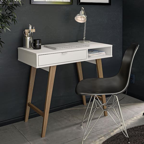 Polifurniture Windsor 35 in. White Writing Desk with Storage