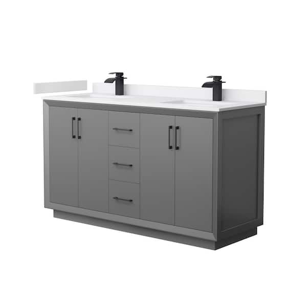 Wyndham Collection Strada 60 in. W x 22 in. D x 35 in. H Double Bath Vanity in Dark Gray with White Cultured Marble Top