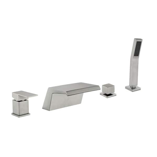 2-Handle Tub Deck Mount Waterfall Roman Tub Faucet with Hand Shower Brass Bath Tub Filler with Sprayer in Brushed Nickel