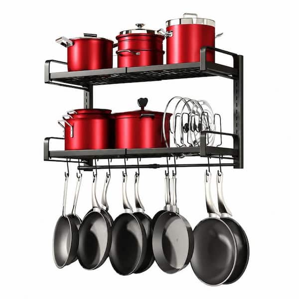Expandable 2-Tier Wall-Mounted Hanging Pot Rack with 10 Hooks and 5 Lid Holders, 19 to 30 Inches