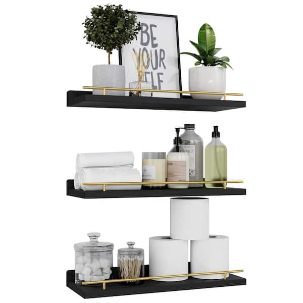 Unbranded 15 in. W x 6 in. D Black Floating Shelves with Metal Guardrail Decorative Wall Shelf, Set of 3