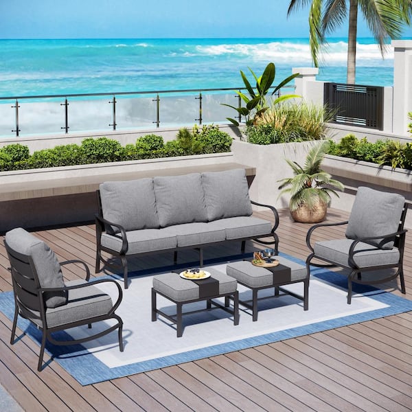 PHI VILLA Black 5-Piece Metal Slatted 7-Seat Outdoor Patio Conversation Set with Gray Cushions and 2 Ottomans