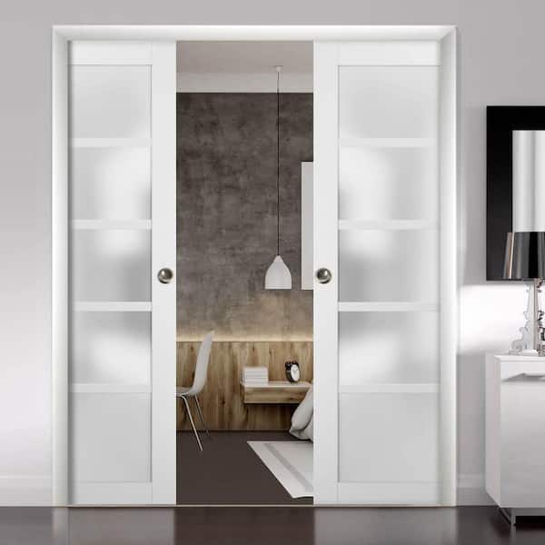 64 in. x 96 in. Single Panel White Finished Solid MDF Sliding Door with Double Pocket Hardware