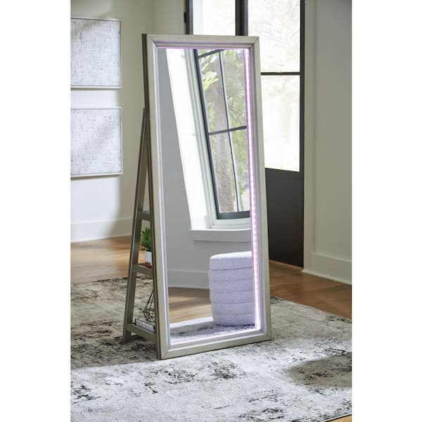 Evesen Sliver 28.13 in. W x 66 in. H Rectangle Wood Full Length Floor Standing Mirror with Shelves and LED Light