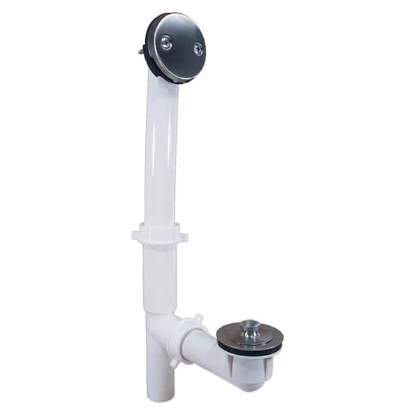 JONES STEPHENS Lift and Turn White Plastic Tubular 2-Hole Bath Waste and Overflow Tub Drain Full Kit in Brushed Nickel