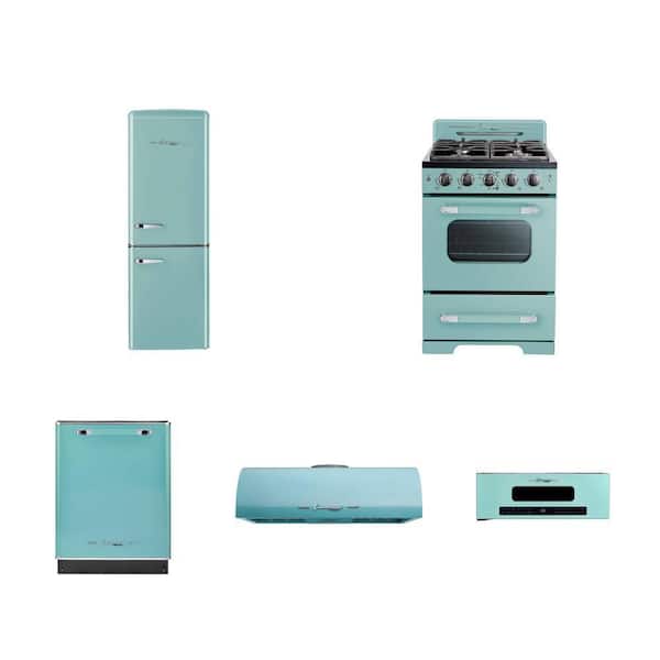 Turquoise Kitchen Set, 7 cu. ft. Fridge, 2.9 cu. ft. Range, Dishwasher, 30 in. Hood, 1.2 cu.ft. Micro