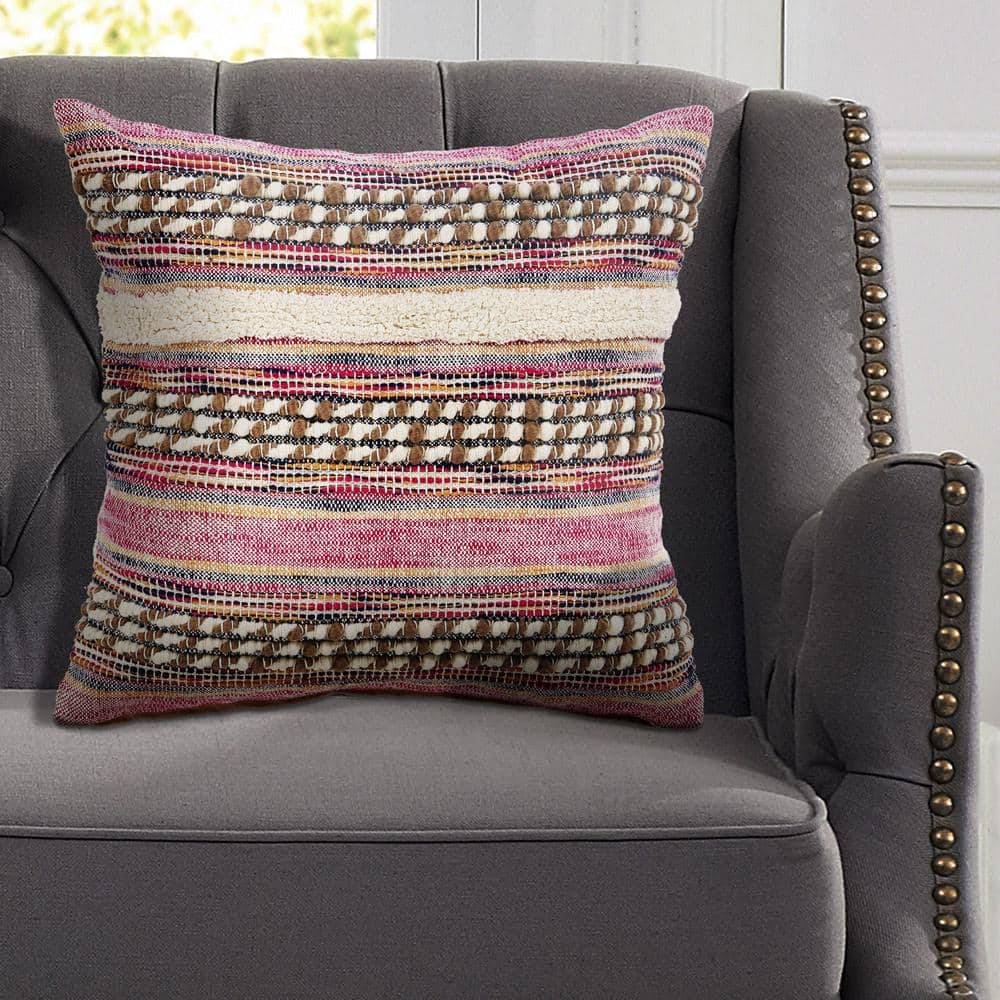 Pink Embroidered Cotton Bohemian Square Throw Pillow