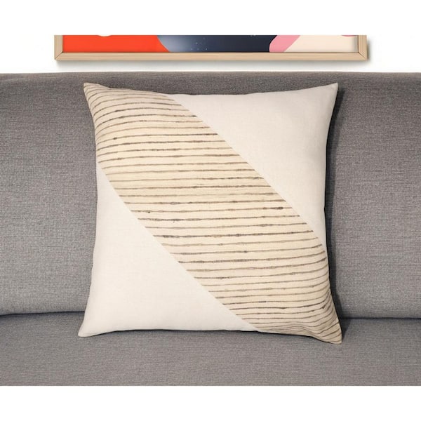 HomeRoots Beige, White Geometric Polyester 24 in. x 24 in. Throw Pillow