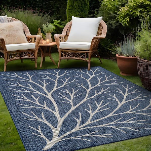 Flora Blue 5 ft. x 7 ft. Coral Branch Washable Indoor Outdoor Area Rug