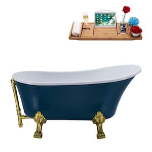 55 in. Acrylic Clawfoot Non-Whirlpool Bathtub in Matte Light Blue With Brushed Gold Clawfeet And Brushed Gold Drain