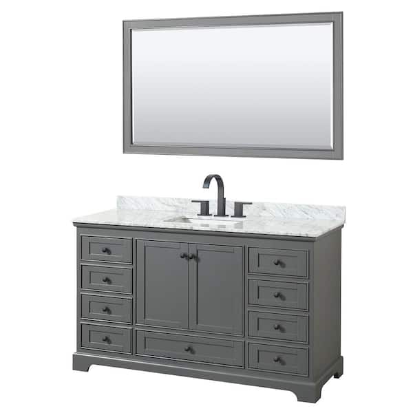 Wyndham Collection Deborah 60 in. W x 22 in. D x 35 in. H Single Bath Vanity in Dark Gray with White Carrara Marble Top and 58 in. Mirror
