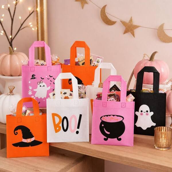 Fall Kid Halloween Party Favors, Reusable Goodie Grocery Bag, Set of 20, Pink Non Woven Drawstring Treat Tote Bags