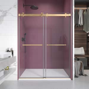 60 in. W x 76 in. H Double Sliding Frameless Shower Door in Brushed Gold with Clear Glass