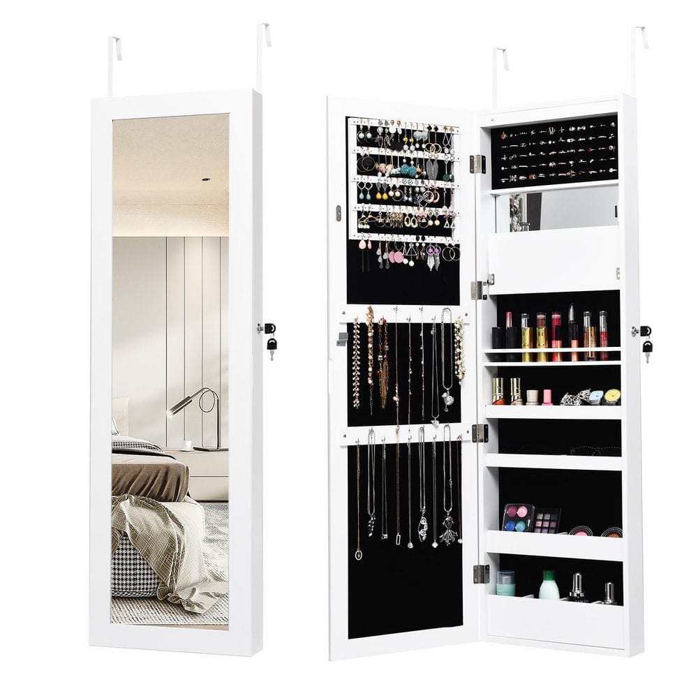 ANGELES HOME White Lockable Wall Door Mounted Mirror Jewelry Cabinet with LED Lights -  108CKJV086WH
