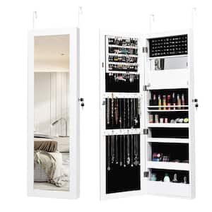 White Lockable Wall Door Mounted Mirror Jewelry Cabinet with LED Lights