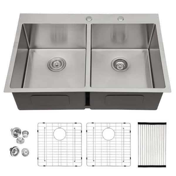 LORDEAR 33 in. Drop in Double Bowl 16-Gauge Stainless Steel Kitchen Sink with Bottom Grids