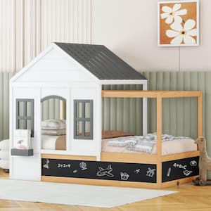 White Twin Size Wood House Shaped Bed with Blackboard and Little Shelf